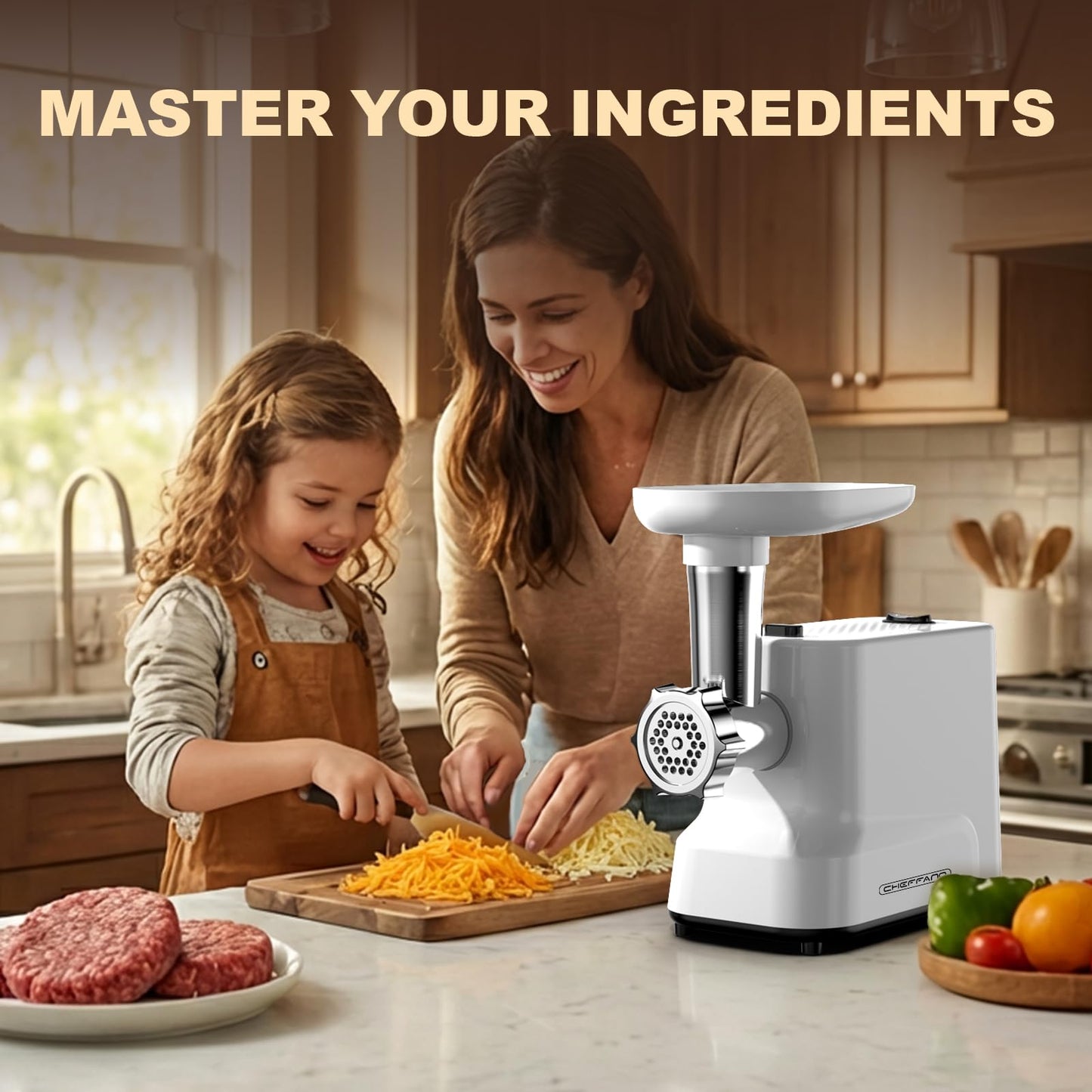 CHEFFANO Meat Grinder, [2500W Max] Electric Meat Grinders with, 2 Grinding Blades, 3 Plates, Sausage Stuffer, Kubbe Kit, for Home Kitchen Use, 3-In-1 Heavy Duty Mincer