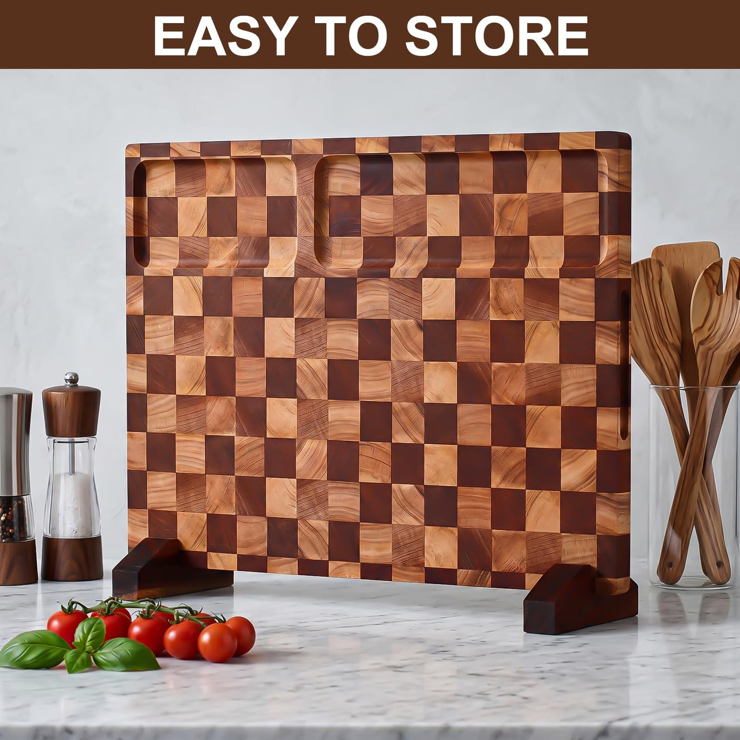 BIEOFFEI Checkered Cutting Board with Stand, Dual-Sided Wood Cutting Board with Juice Groove, 16.5x11.6 Inch Butcher Block Serving Tray, Chopping Board for Kitchen Gifts