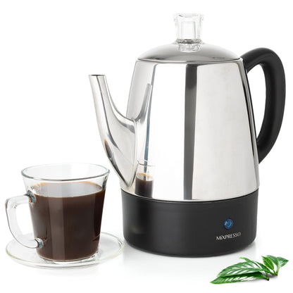 Mixpresso Small Electric Percolator Coffee Pot 4 Cup Stainless Steel - Coffee Percolator Electric with Keep Warm Function - Auto Shut-Off for Safe Daily Brewing