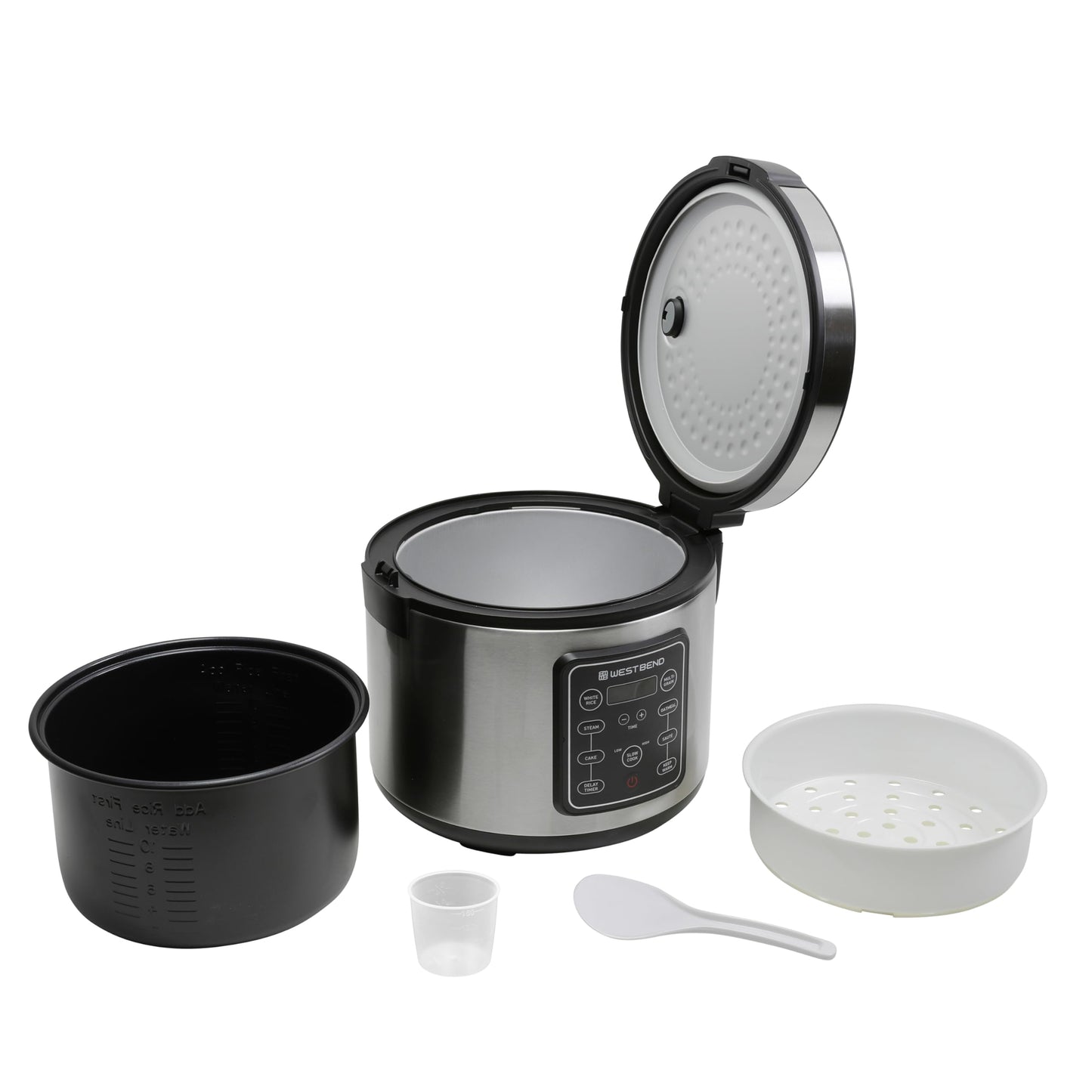 West Bend Rice & Grain Multi Cooker Programmable with 9 Preset Functions, Features Delay Start and Keep Warm Functions and Steam Basket, 20 Cups Cooked (10 cups uncooked), Stainless Steel