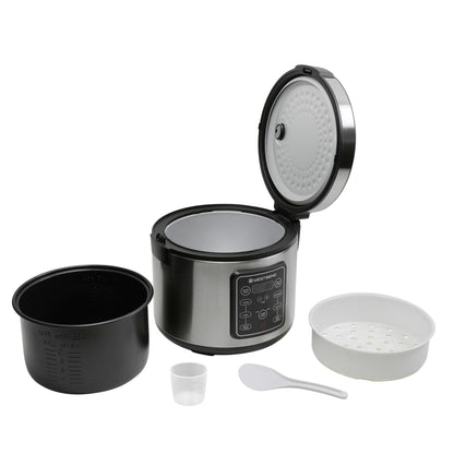 West Bend Rice & Grain Multi Cooker Programmable with 9 Preset Functions, Features Delay Start and Keep Warm Functions and Steam Basket, 20 Cups Cooked (10 cups uncooked), Stainless Steel