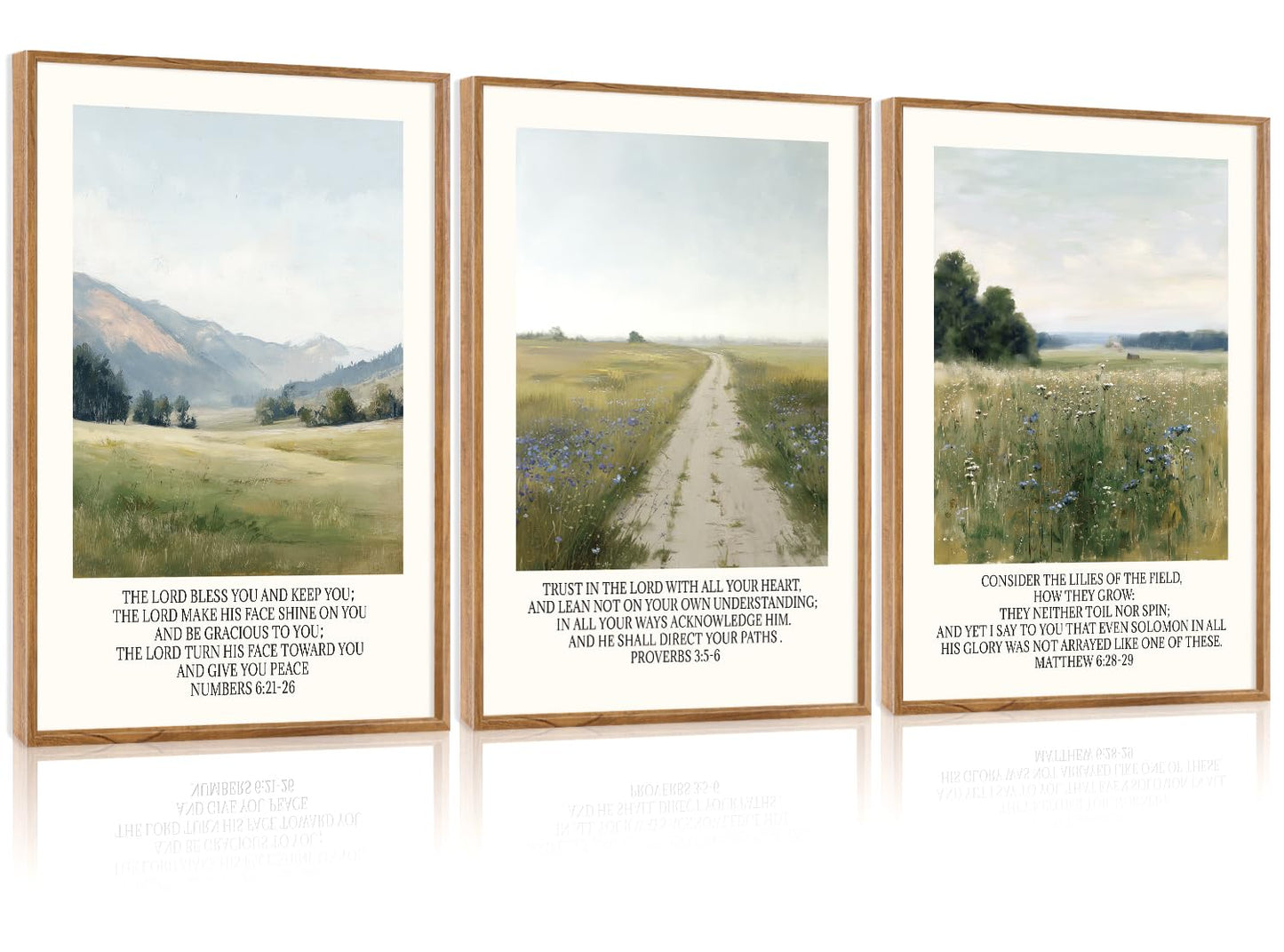 CHDITB Christian Framed Canvas Wall Art Set Of 3, Rustic Landscape Scripture Wall Decor, Religious Nature Bible Verse Wall Painting Botanical Field Art Prints For Home Office Church Decor 12”X16”