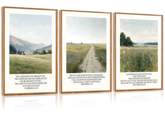 CHDITB Christian Framed Canvas Wall Art Set Of 3, Rustic Landscape Scripture Wall Decor, Religious Nature Bible Verse Wall Painting Botanical Field Art Prints For Home Office Church Decor 12”X16”