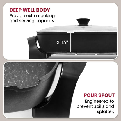 Elite Gourmet EG-6203# Extra Deep 16"x13"x3.2" (10.5Qt.) Scratch Resistant, Easy Pour Spout Dishwasher Safe, Non-stick Electric Skillet with Glass Vented Lid, Adjustable Temperature, Black