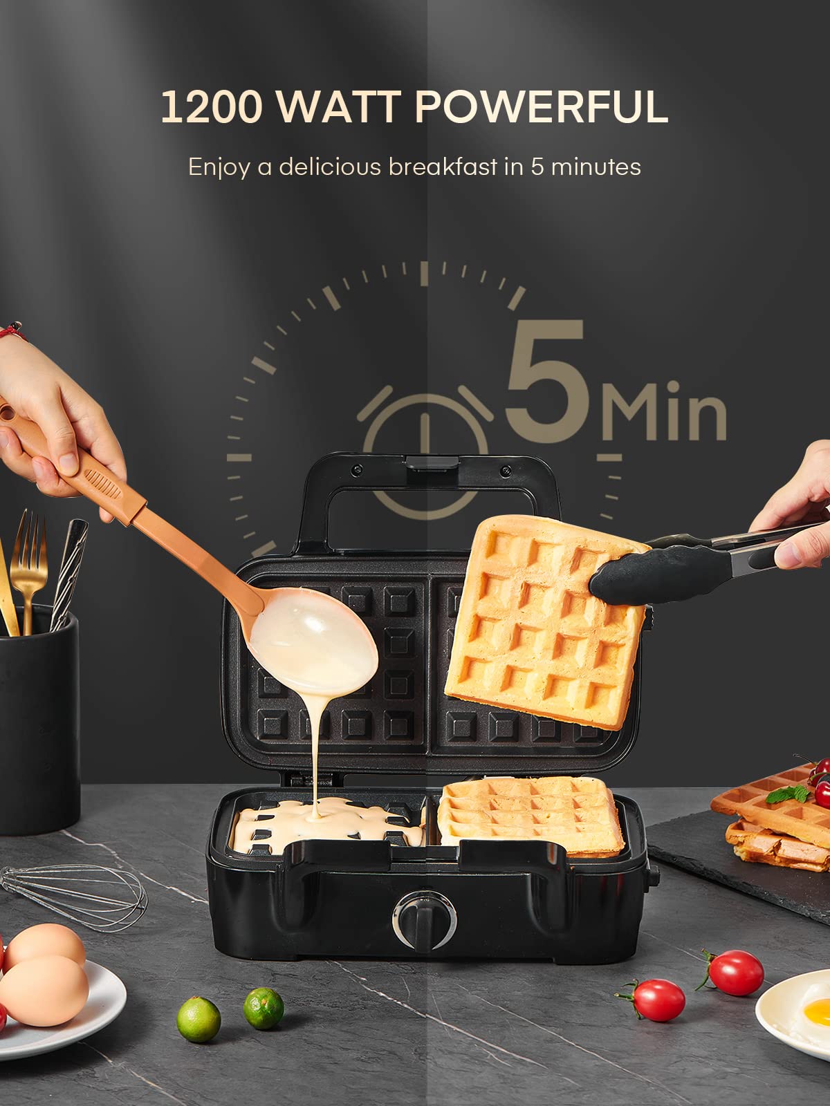 FOHERE Sandwich Maker 3 In 1 Waffle Maker With Removable Plates,1200W Grilled Cheese Maker, 5-gear Temperature Control, Non-stick Coating Easy to Clean, Indicator Lights, Silver/Black