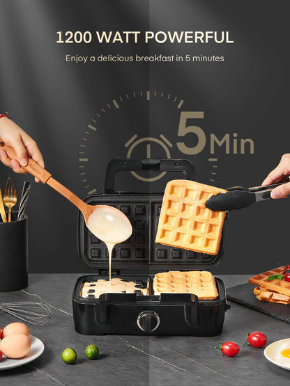 FOHERE Sandwich Maker 3 In 1 Waffle Maker With Removable Plates,1200W Grilled Cheese Maker, 5-gear Temperature Control, Non-stick Coating Easy to Clean, Indicator Lights, Silver/Black