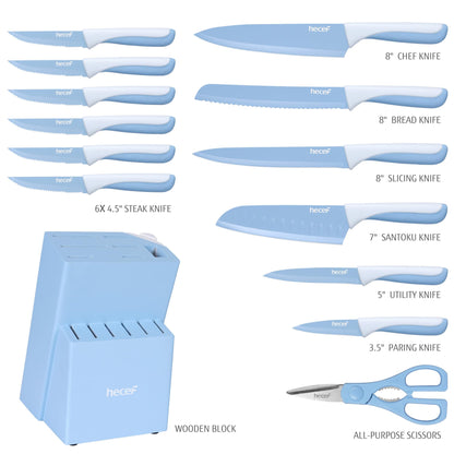 hecef 15 Pieces Kitchen Knife Set with Built-in Sharpening Wooden Block, Dishwasher Safe, High Carbon Stainless Steel Knife Block Set with Steak Knives, Kitchen Scissors, Blue