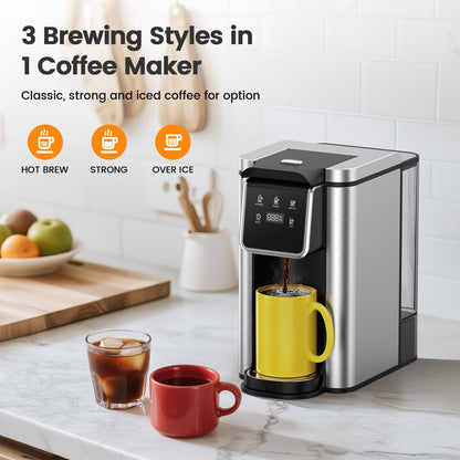Horavie Single Serve Coffee Maker for K-Cup Pod and Grounds, Hot and Iced Coffee Maker, Strong Button Feature, 6 to 14oz Brew Sizes, 50oz Removable Tank, Up to 6.5 Inch Cup, Stainless Steel, Black