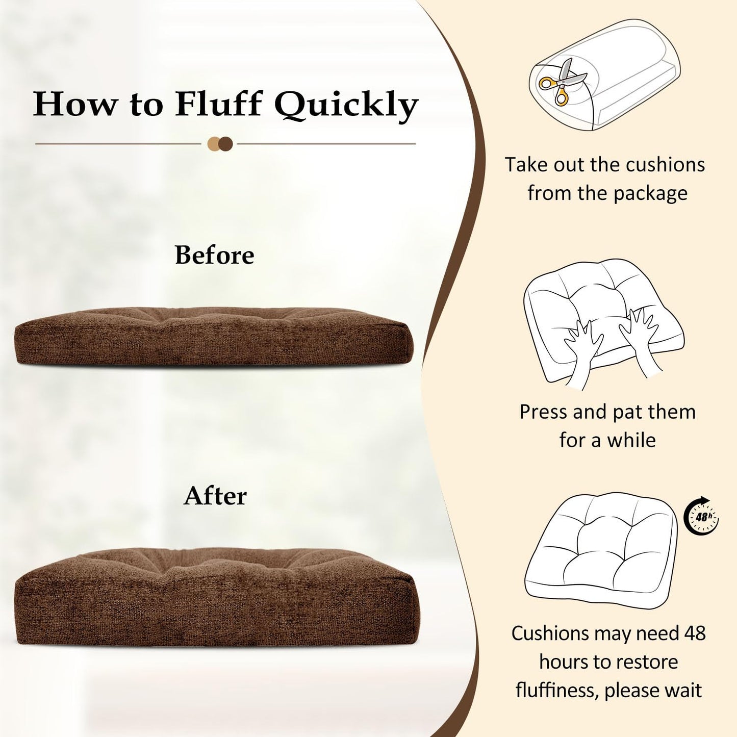 downluxe Chair Cushions for Dining Chairs 2 Pack, Tufted Indoor Chair Pads with Non-Slip Bottom, U-Shaped Kitchen Chair Cushions, 17"x17"x4", Brown