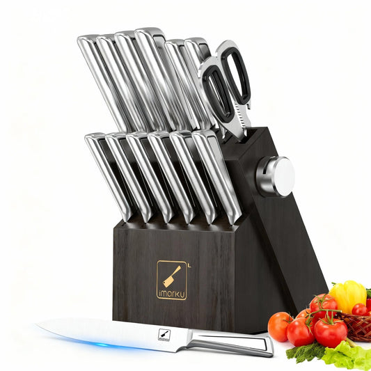 imarku Knife Set with Knife Block, 14-Piece High Carbon Stainless Steel Kitchen Knives with Built-in Sharpener, Dishwasher Safe,Ideal for Home or Wedding Gifts
