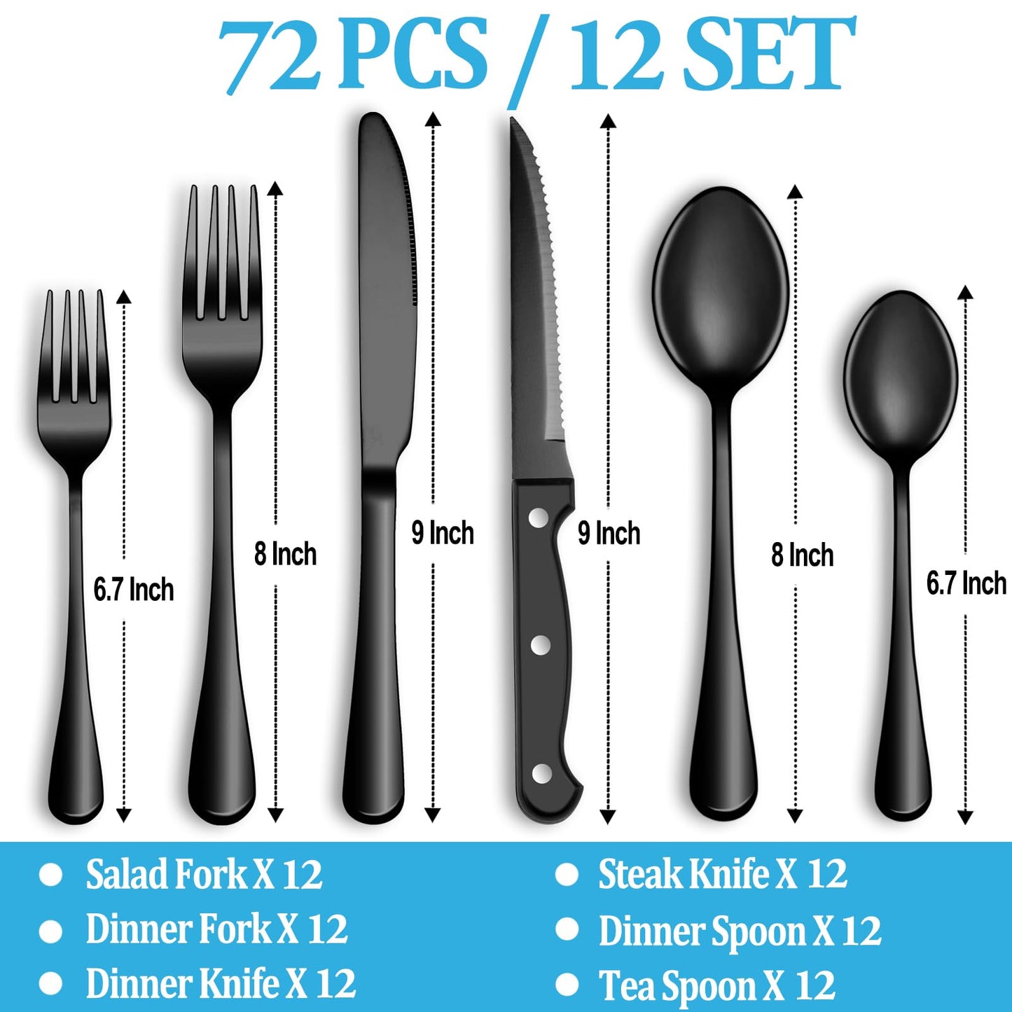 72 Pcs Black Silverware Set with Steak Knives, Stainless Steel Flatware Cutlery Set Service for 12, Kitchen Tableware Set, Utensil Set for Home and Restaurant, Knives Forks Spoon Set, Dishwasher Safe