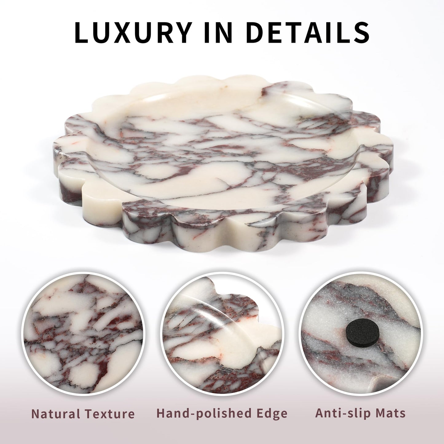 LWALMS Scalloped Round Marble Tray - 9.9 Inch Violet Stone Decorative Perfume Trinket Jewelry Dish, Catchall Organizer for Bathroom Vanity Dresser Kitchen Countertop Home Decor