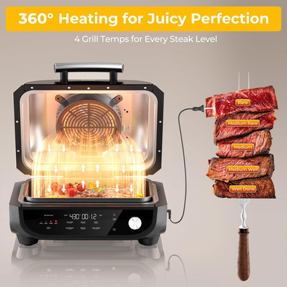 Candy Indoor Grill & Air Fryer with Ceramic Accessories, 500°F Max, 7-IN-1 Digital Display, 5.2 QT Electric Low Smoke with View Window, Smart Thermometer, Crisp, Roast & Dehydrate, Easy Clean, 1500W
