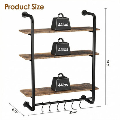 Kssiaz 3 Tier Industrial Pipe Floating Shelf, 24" Kitchen Wall Shelves with Towel Bar & 6 Hooks, Coffee Bar Shelves Display Bookshelf Wall Shelf for Kitchen, Bathroom, Home Décor, Rustic Brown