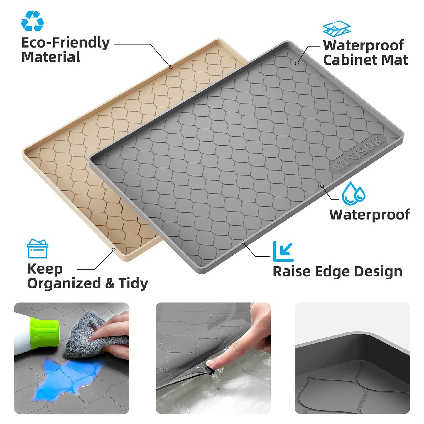 Winisok Silicone Under Sink Mat 37" x 22", kitchen Essentials and Gadgets, Shelf liner and Cabinet Protector, Home Organizers and Storage, Waterproof Bathroom Tray