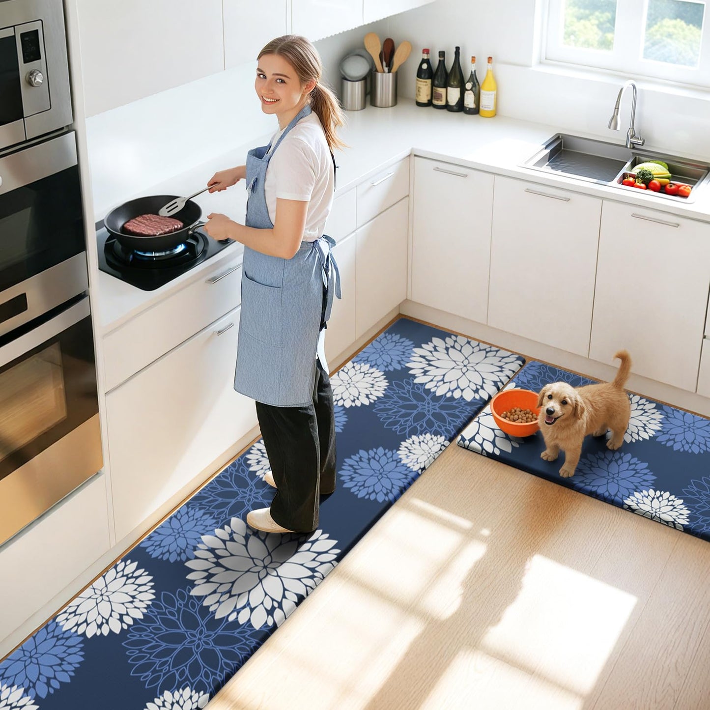 Softercharm Kitchen Mats, 2PCS Non-Slip Cushioned Rugs, Anti-Fatigue Waterproof Floor Rug, Washable Standing Desk Mat, Home Laundry Office Apartment Decor and Accessories (17.3" ×70" +17.3" ×30"-Blue)
