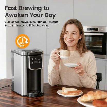 Horavie Single Serve Coffee Maker for K-Cup Pod and Grounds, Hot and Iced Coffee Maker, Strong Button Feature, 6 to 14oz Brew Sizes, 50oz Removable Tank, Up to 6.5 Inch Cup, Stainless Steel, Black