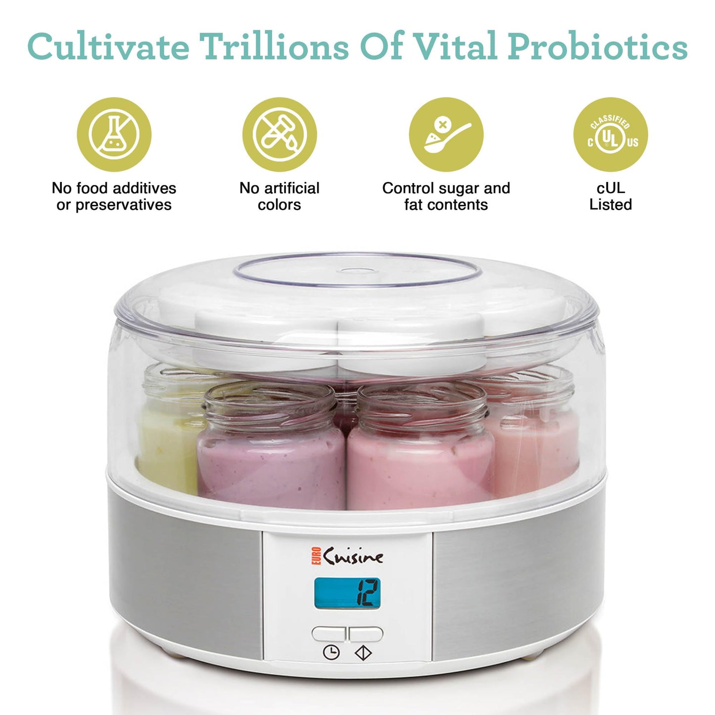 Euro Cuisine Yogurt Maker - YMX650 Automatic Digital Yogurt Maker Machine with Set Temperature - Includes 7-6 oz. Reusable Glass Jars and 7 Rotary Date Setting Lids for Instant Storage