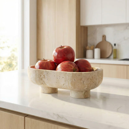 STONE COUTURE - Natural Travertine Fruit Bowl with Stand, Island Centerpiece Kitchen Decor, Key Bowl for Entryway Table, Decorative Modern Organic Home Entry Large Bowls for Keys 10" Food Safe FDA