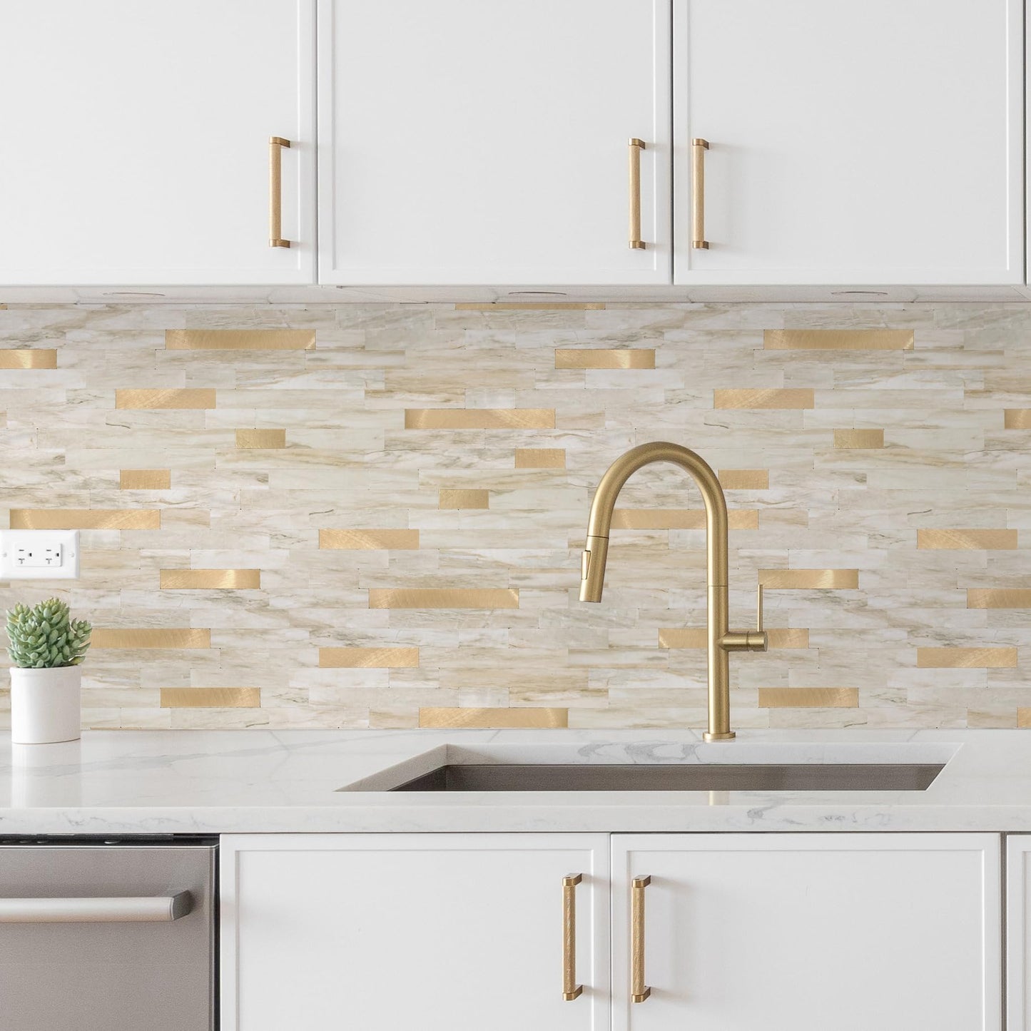 Yipscazo 10 Sheets Peel and Stick Stone Metal Tile Backsplash, Stick on Tiles for Backsplash Kitchen, Bathroom, Laundry Room, Camper, Fireplace (12'' X 12'', Beige Stone with Gold)