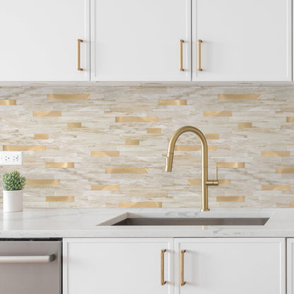 Yipscazo 10 Sheets Peel and Stick Stone Metal Tile Backsplash, Stick on Tiles for Backsplash Kitchen, Bathroom, Laundry Room, Camper, Fireplace (12'' X 12'', Beige Stone with Gold)