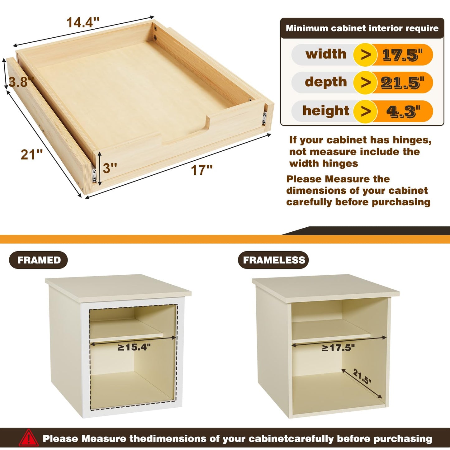 Gsskny Pull Out Cabinet Organizer, 17''W×21''D Sliding Drawers for Cabinets, Soft Close Slide Out Wooden Pull out Drawers, Base Cabinet Organization for Kitchen, Pantry, Bathroom