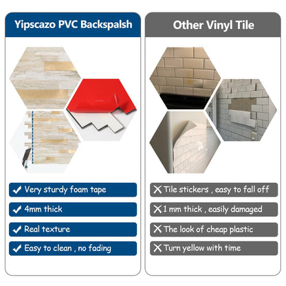 Yipscazo 10 Sheets Peel and Stick Stone Metal Tile Backsplash, Stick on Tiles for Backsplash Kitchen, Bathroom, Laundry Room, Camper, Fireplace (12'' X 12'', Beige Stone with Gold)