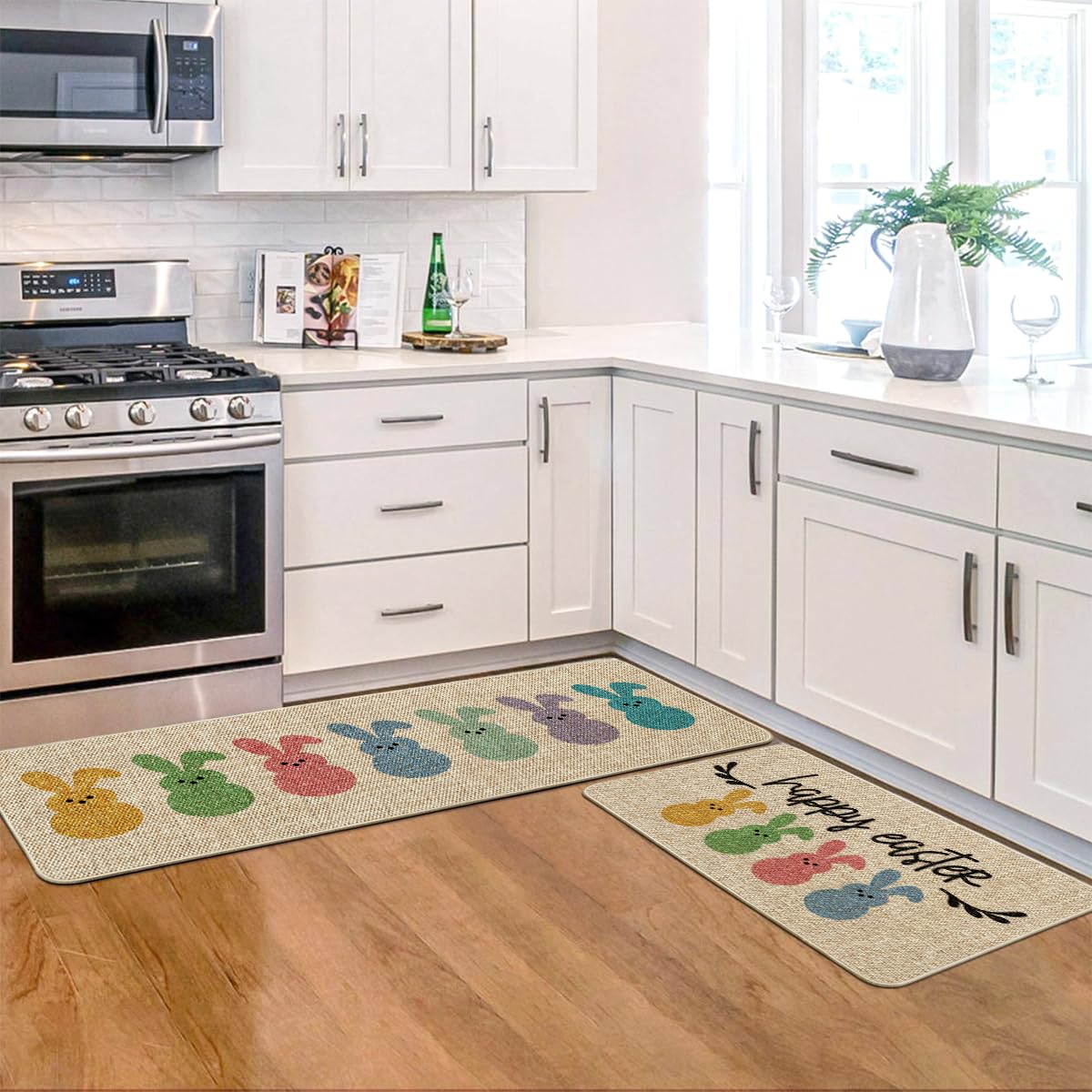 Artoid Mode Rabbits Bunny Happy Easter Kitchen Mats Set of 3, Home Decor Low-Profile Kitchen Rugs for Floor - 17"x29"+17"x36"+17"x47"