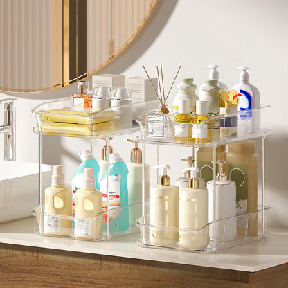 Delamu 2-Tier Under Sink Organizers and Storage, Multi-Purpose Stackable Bathroom Cabinet organizers, Pull Out Kitchen Pantry Organization and Storage with Dividers(4 Pack, Clear)