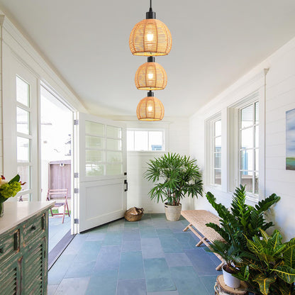 Woven Pendant Light Boho Chandelier, Rattan Pendant Lights Kitchen Island, Farmhouse Pendant Lighting with Hand Woven Wicker Shade, Boho Chandelier Light Fixtures Ceiling Hanging Light