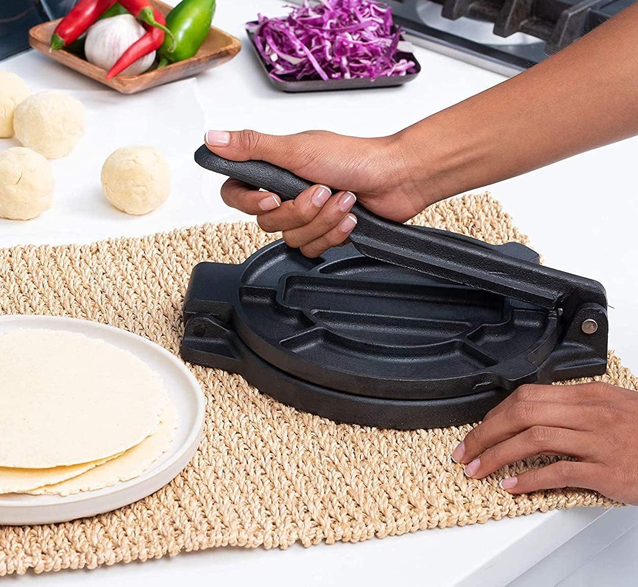 Cast Iron Tortilla Press 12 inch, Heavy Duty Tortilla Pataconera, Flour Tortilla Press with Foldable Handle, Taco press with Some Parchment Paper, Roti Maker, Black