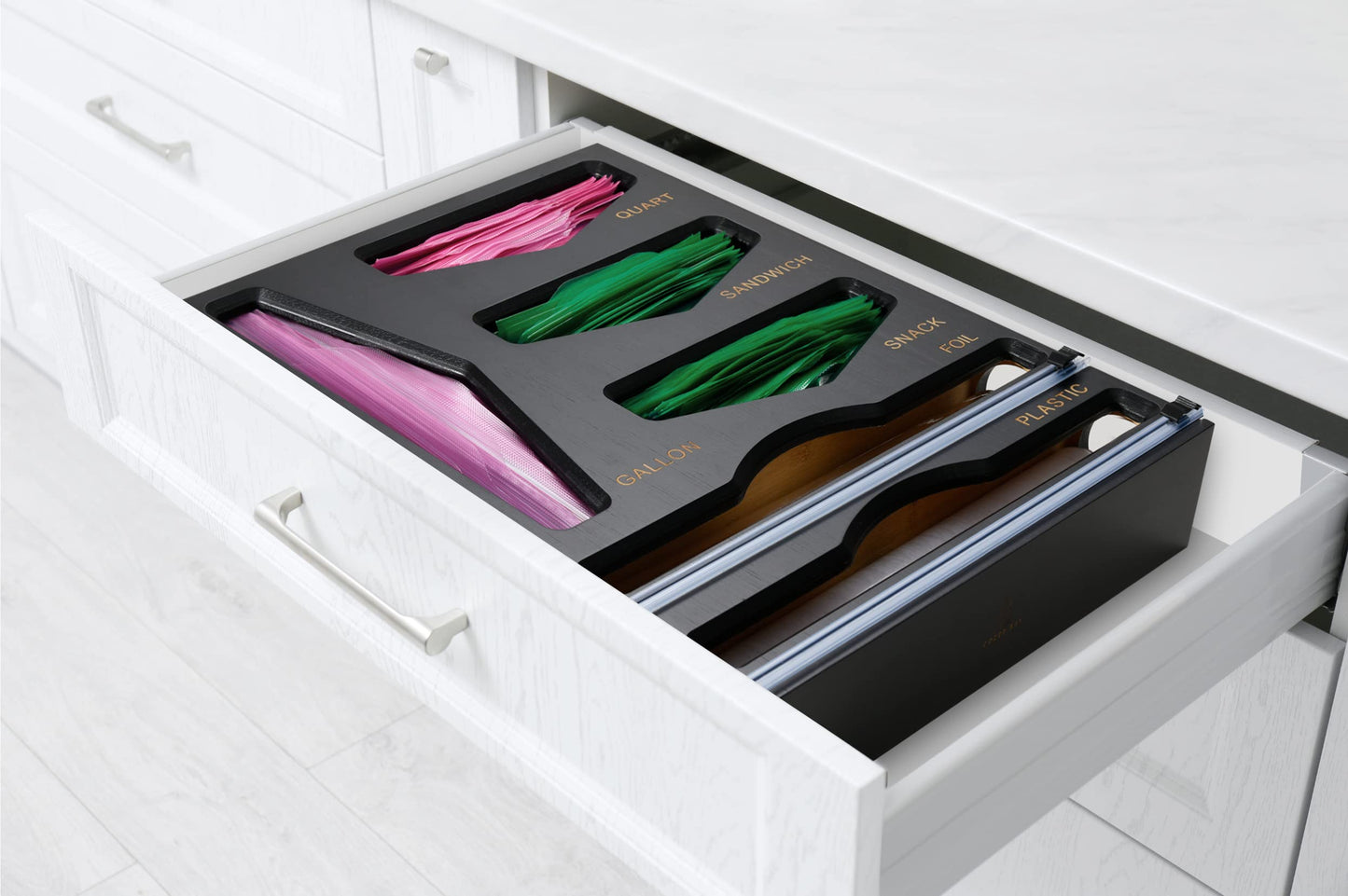 Cozee Bay Bamboo Food Bag Organizer with Foil and Plastic Wrap Organizer, Kitchen Drawer Organizer, Wrap Dispenser with Cutter, for Gallon, Quart, Sandwich, Snack Bags and 12" Roll (Black)