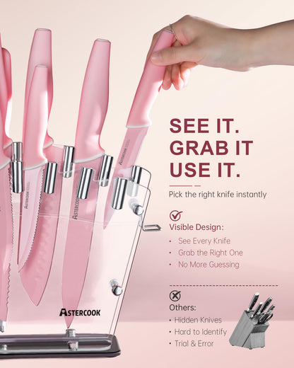 Astercook Knife Set with Block and Sharpener, 22 Piece Kitchen Knife Set Dishwasher Safe, Space-Saving Clear Knife Block with Knives for Everyday Home Cooking Mothers Day Gifts Pink