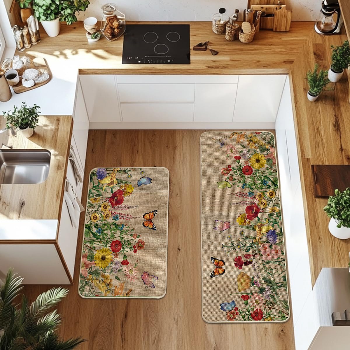Artoid Mode Wood Flowers Butterfly Spring Kitchen Mats Set of 2, Seasonal Home Decor Leaves Low-Profile Kitchen Rugs for Floor - 24x35 and 24x59 Inch