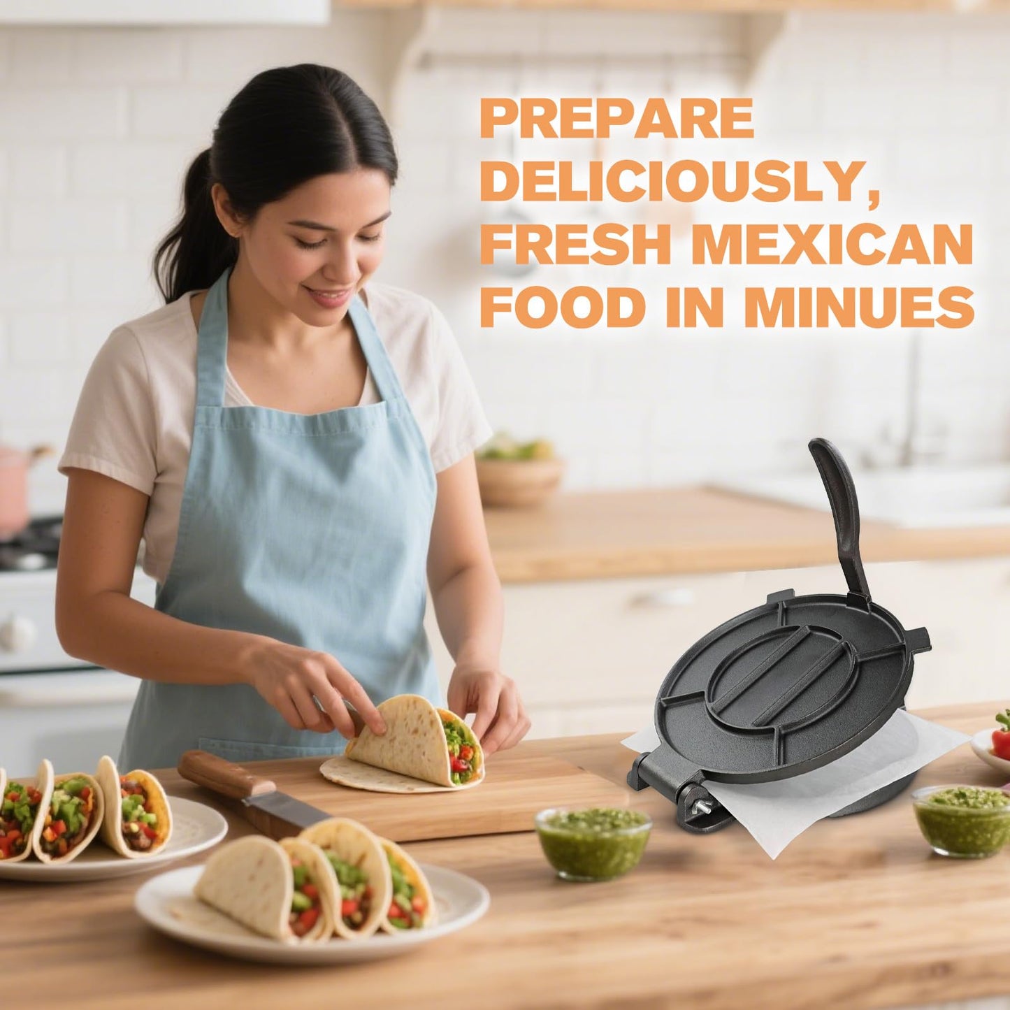 Cast Iron Tortilla Press 12 inch, Heavy Duty Tortilla Pataconera, Flour Tortilla Press with Foldable Handle, Taco press with Some Parchment Paper, Roti Maker, Black