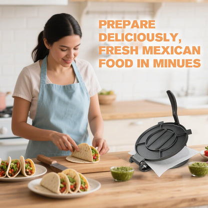 Cast Iron Tortilla Press 12 inch, Heavy Duty Tortilla Pataconera, Flour Tortilla Press with Foldable Handle, Taco press with Some Parchment Paper, Roti Maker, Black