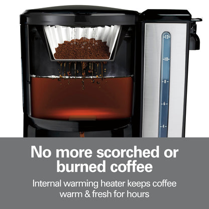 Hamilton Beach One Press Programmable Dispensing 12 Cup Coffee Maker with Internal Coffee Pot, Stays Warm and Fresh for Hours, 60 oz. Removable Reservoir, Black & Stainless Steel (47950)