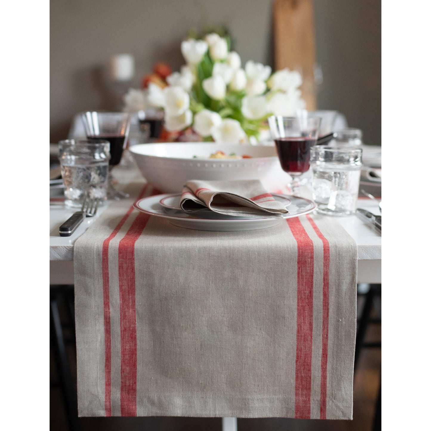 Solino Home Linen Table Runner 72 Inches Long - 100% Pure Linen Red and Natural French Stripe Table Runner 14 x 72 Inch for Dining, Dresser, Mothers Day