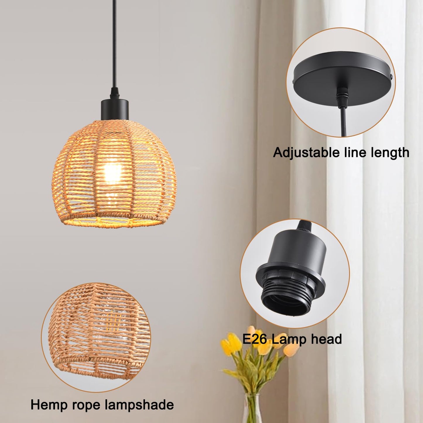 Woven Pendant Light Boho Chandelier, Rattan Pendant Lights Kitchen Island, Farmhouse Pendant Lighting with Hand Woven Wicker Shade, Boho Chandelier Light Fixtures Ceiling Hanging Light