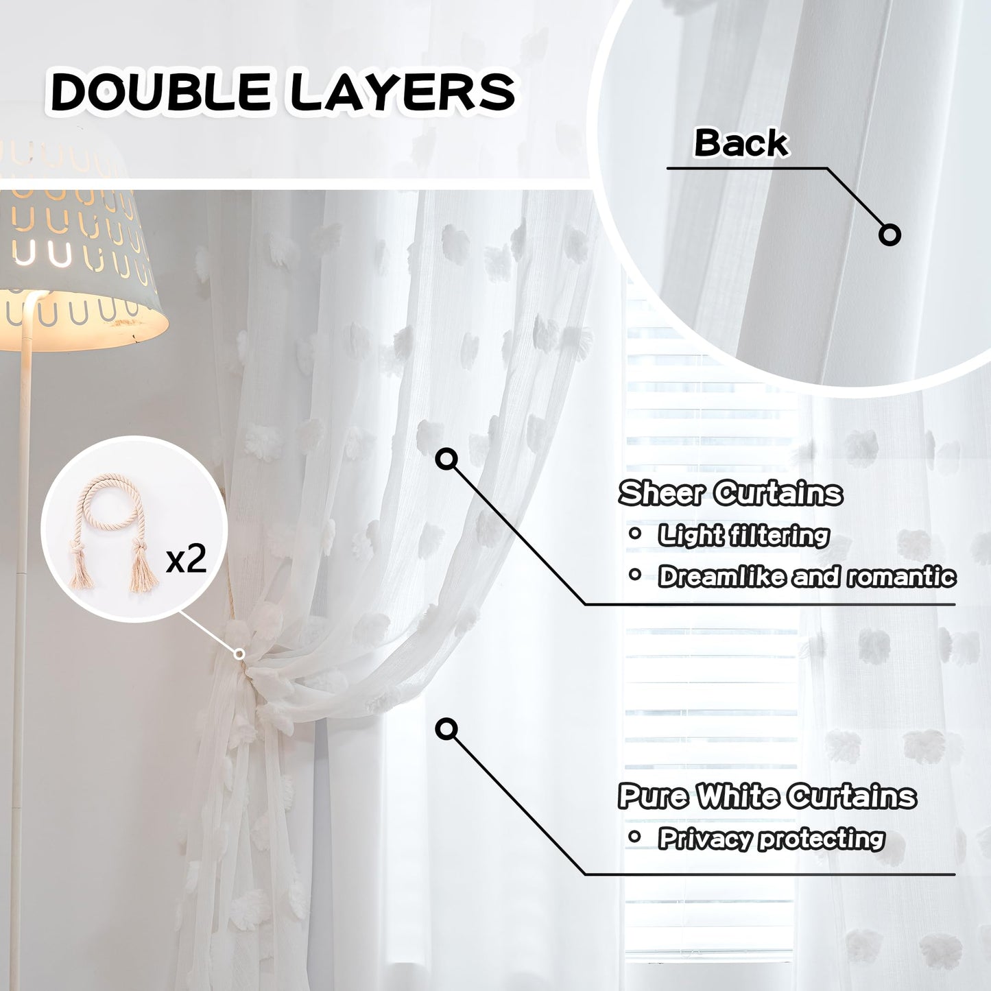 MYSKY HOME White Curtains for Bedroom 63 Inch Long Double Layer Curtains for Kids Room Kithen White Pom Pom Sheer Nursery Curtains Grommet Room Darkening Window Curtains 2 Panels Set, 52 x 63 Inch