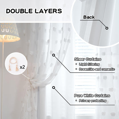 MYSKY HOME White Curtains for Bedroom 63 Inch Long Double Layer Curtains for Kids Room Kithen White Pom Pom Sheer Nursery Curtains Grommet Room Darkening Window Curtains 2 Panels Set, 52 x 63 Inch