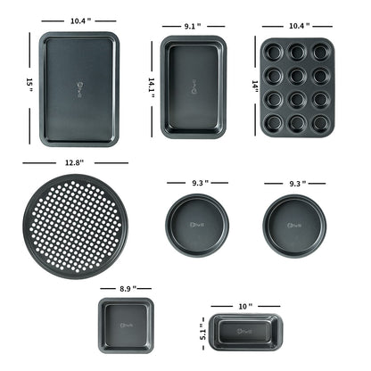 PERLLI Non-Stick 8-Piece Bakeware Set – Carbon Steel with Even Heat Distribution, Oven Safe to 446°F, BPA-Free, Dishwasher Safe, Stackable Baking Tools for Easy Storage and Everyday Cooking - Gray