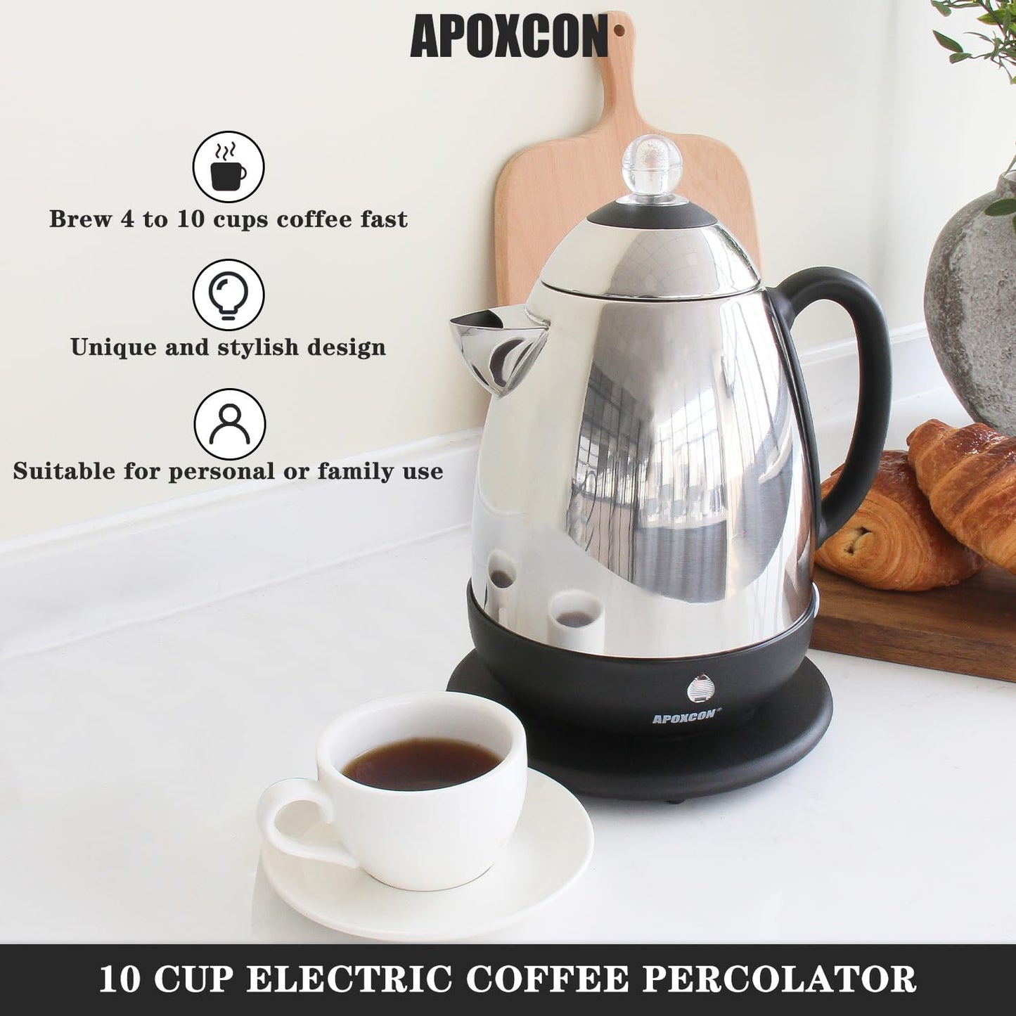 APOXCON Electric Coffee Percolator Stainless Steel Coffee Maker with Clear Brew Progress Knob and No-Drip Spout Auto Keep Warm & Cordless Serving Coffee pot with On/OFF Switch Fast Brew (10 Cup)