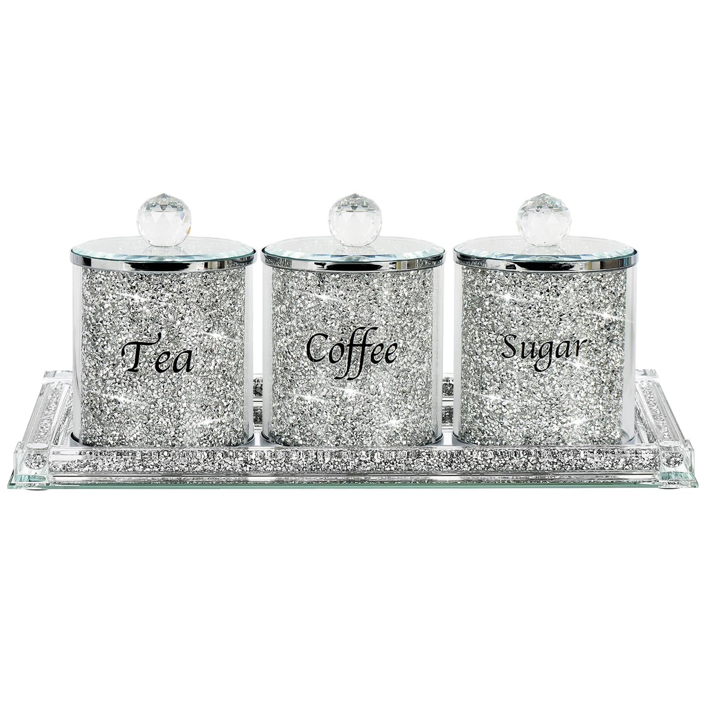 Topsky Coffee Sugar Tea Crystal Canister Set of 4,Sparkly Crystal Crushed Diamonds Home Decor,Silver Kitchen Coffee Jar Storage Set with Label & Lid,Storage Container Set for Countertop,Dining Room