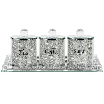 Topsky Coffee Sugar Tea Crystal Canister Set of 4,Sparkly Crystal Crushed Diamonds Home Decor,Silver Kitchen Coffee Jar Storage Set with Label & Lid,Storage Container Set for Countertop,Dining Room