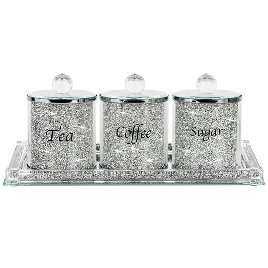 Topsky Coffee Sugar Tea Crystal Canister Set of 4,Sparkly Crystal Crushed Diamonds Home Decor,Silver Kitchen Coffee Jar Storage Set with Label & Lid,Storage Container Set for Countertop,Dining Room