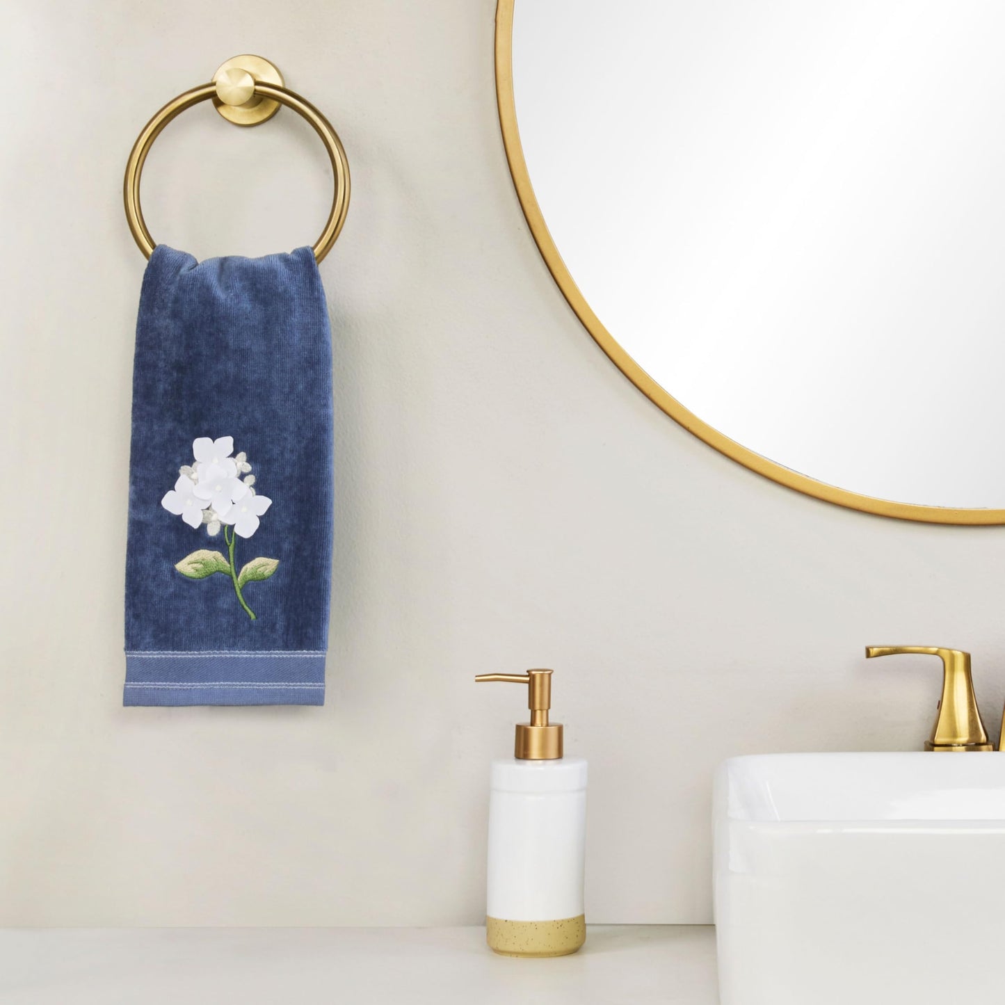 SKL Home Farm Hydrangea 100% Cotton 3D Embroidered 2pc Hand Towel Set, Decorative for Bath/Kitchen/Bar & Gift, Blue