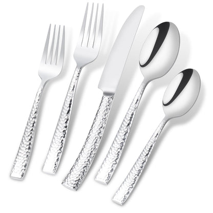 Flatasy Flatware Silverware Set Hammered Mirror Polished Stainless Steel 20 Piece Set for Home Kitchen Restaurant Hotel Housewarming Wedding Gift Service for 4