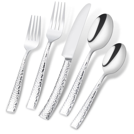 Flatasy Flatware Silverware Set Hammered Mirror Polished Stainless Steel 20 Piece Set for Home Kitchen Restaurant Hotel Housewarming Wedding Gift Service for 4