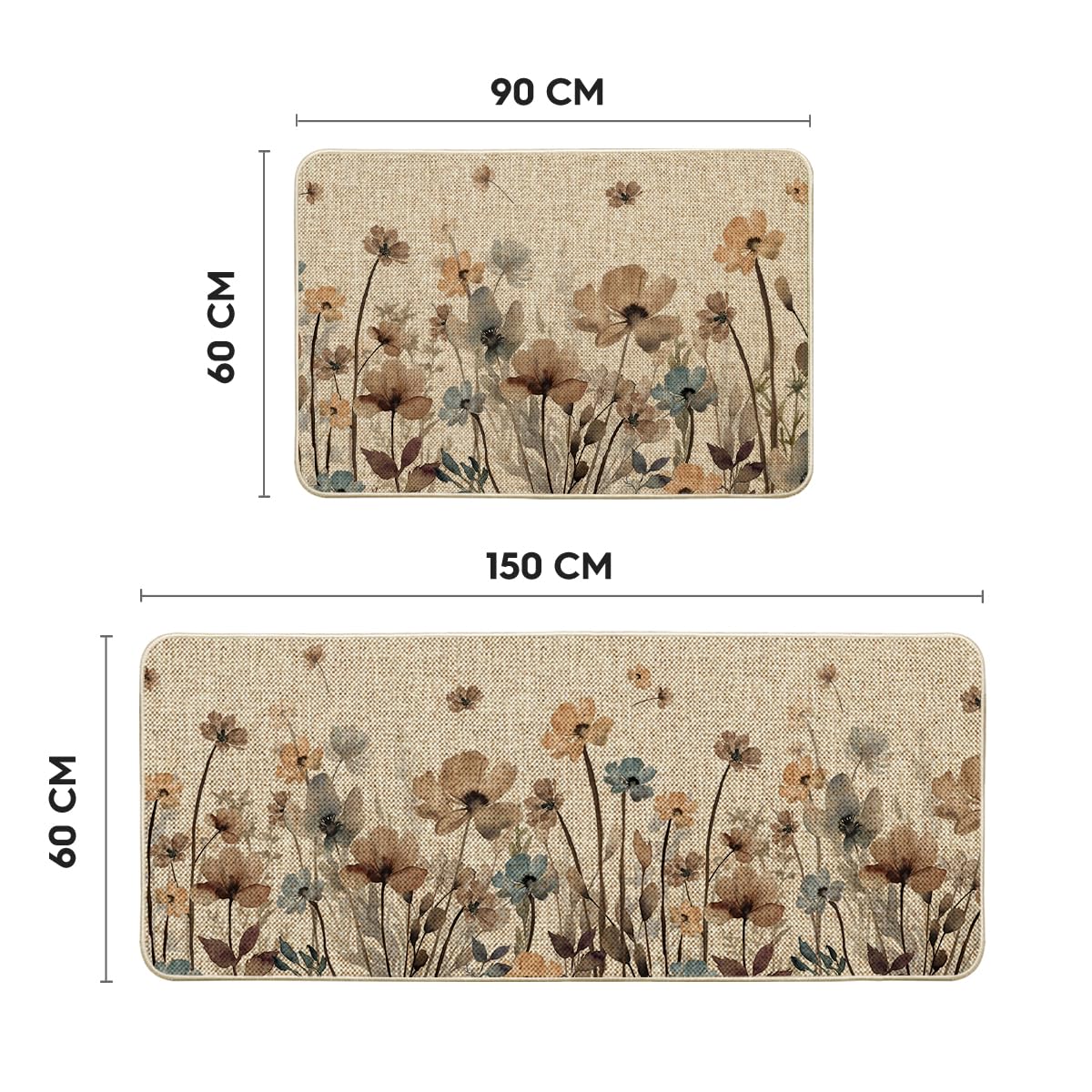 Artoid Mode Brown Poppy Floral Leaves Spring Kitchen Mats Set of 2, Spring Home Decor Low-Profile Kitchen Rugs for Floor - 24x35 and 24x59 Inch